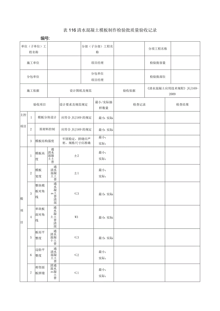 表116清水混凝土模板制作检验批质量验收记录.docx_第1页