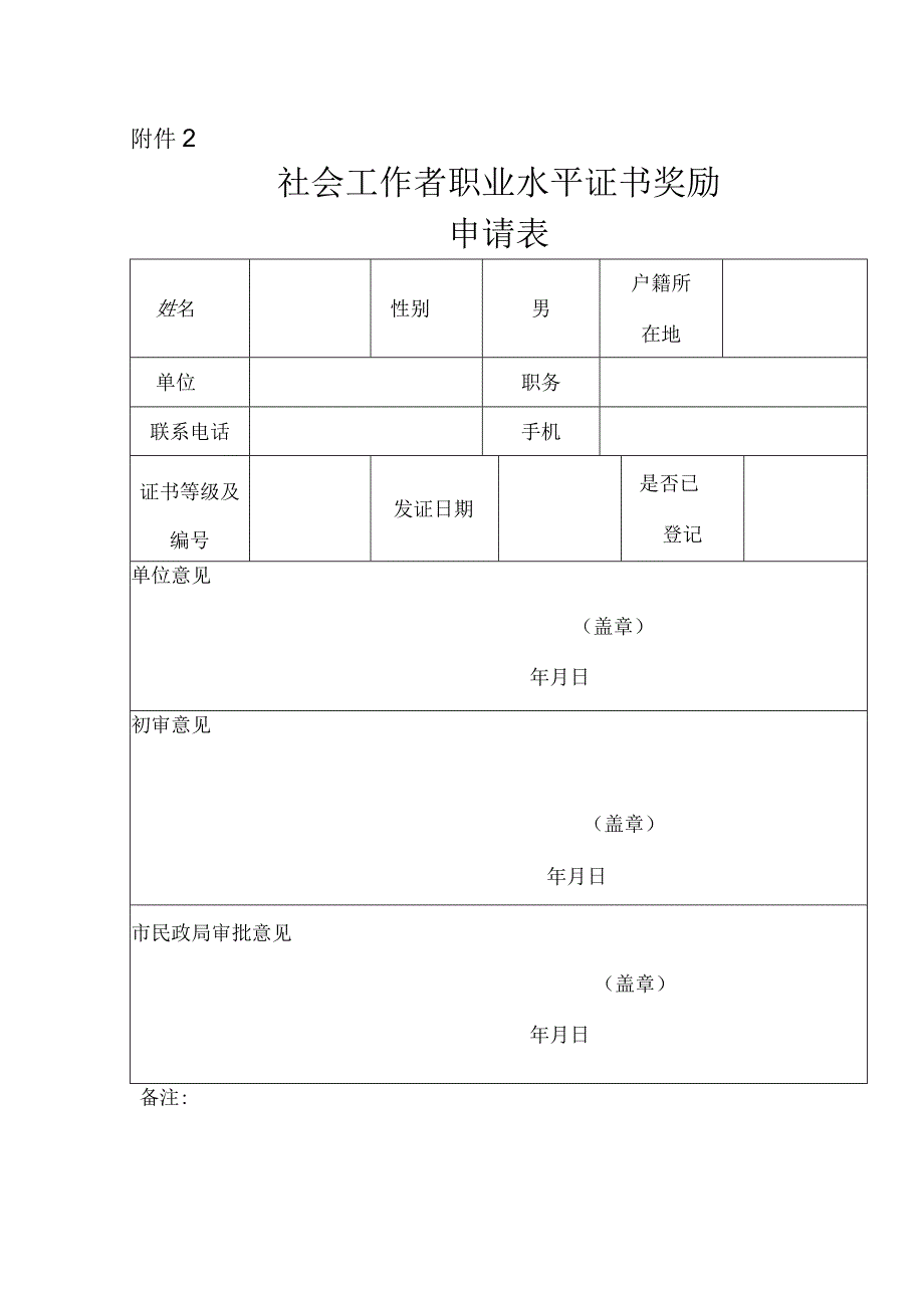 社会工作者职业水平证书奖励申请表.docx_第1页