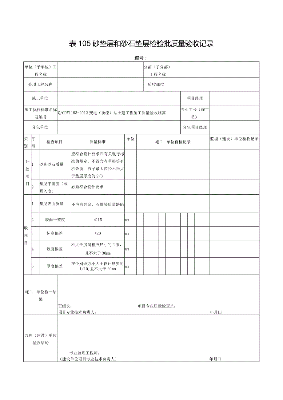 表105砂垫层和砂石垫层检验批质量验收记录.docx_第1页