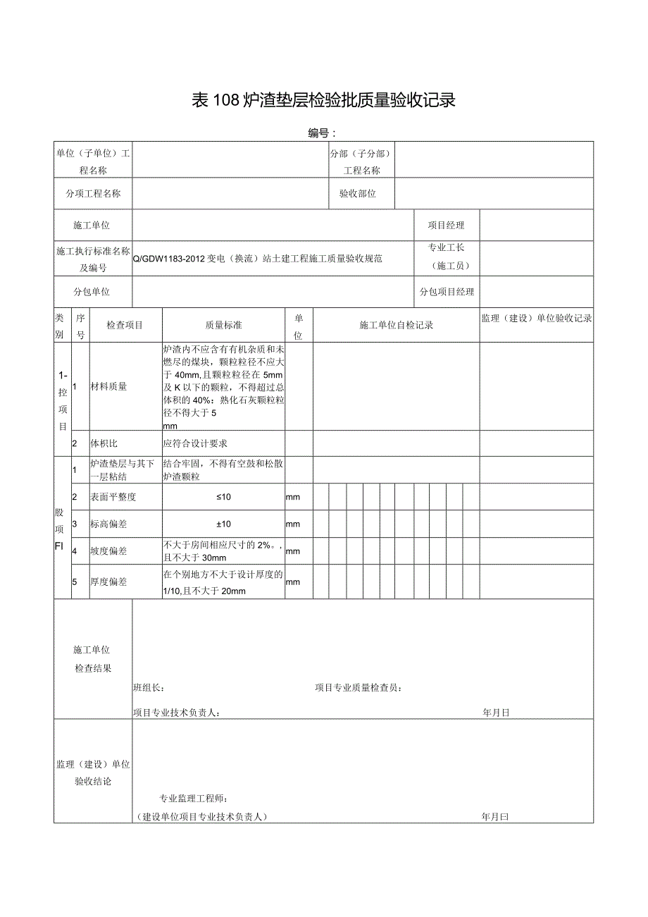 表108炉渣垫层检验批质量验收记录.docx_第1页