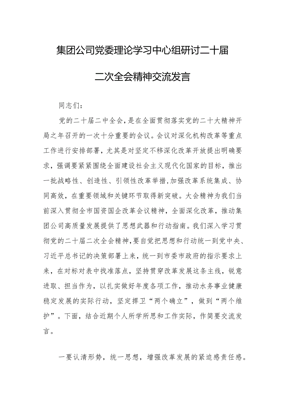 集团公司党委理论学习中心组研讨二十届二次全会精神交流发言.docx_第1页