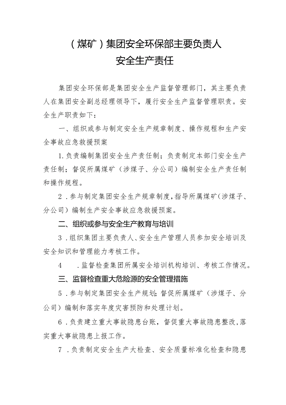 （煤矿）集团安全环保部主要负责人安全生产责任制.docx_第1页