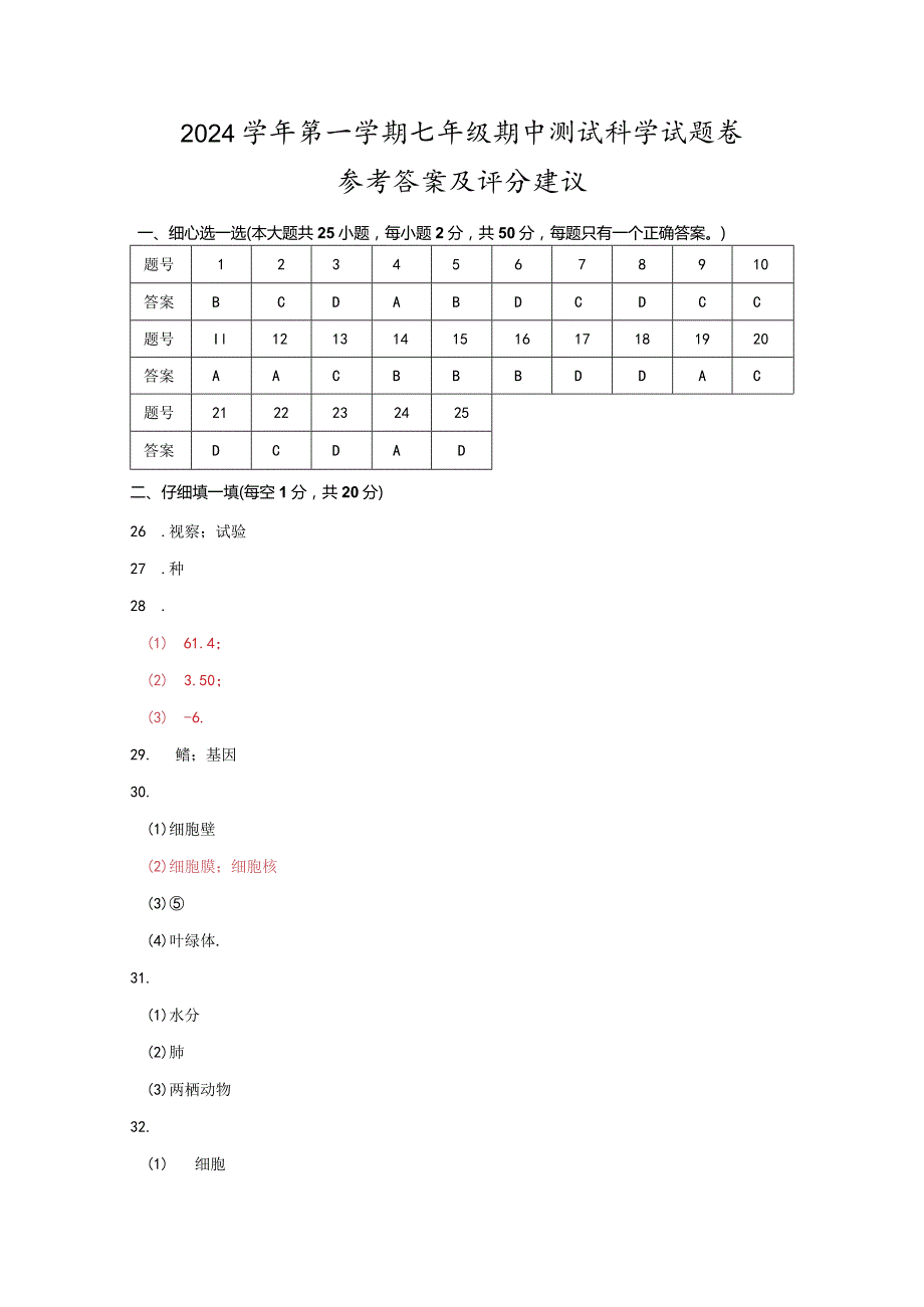 （宁波）2024学年第一学期七年级期中测试-科学试题卷参考答案及评分建议.docx_第1页