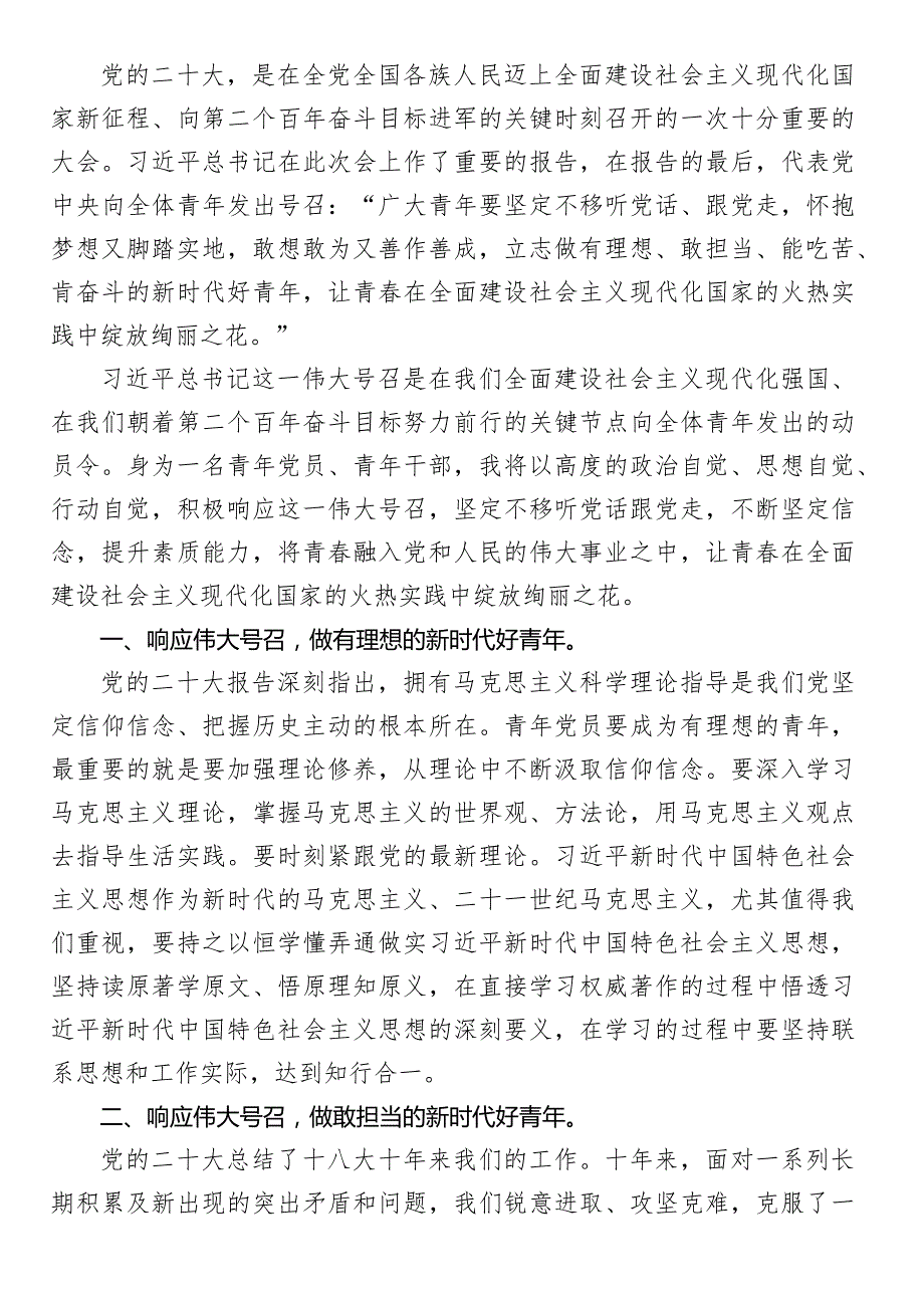 青年干部学习二十大心得体会交流研讨：响应伟大号召让青春在火热实践中绽放绚丽之花.docx_第1页