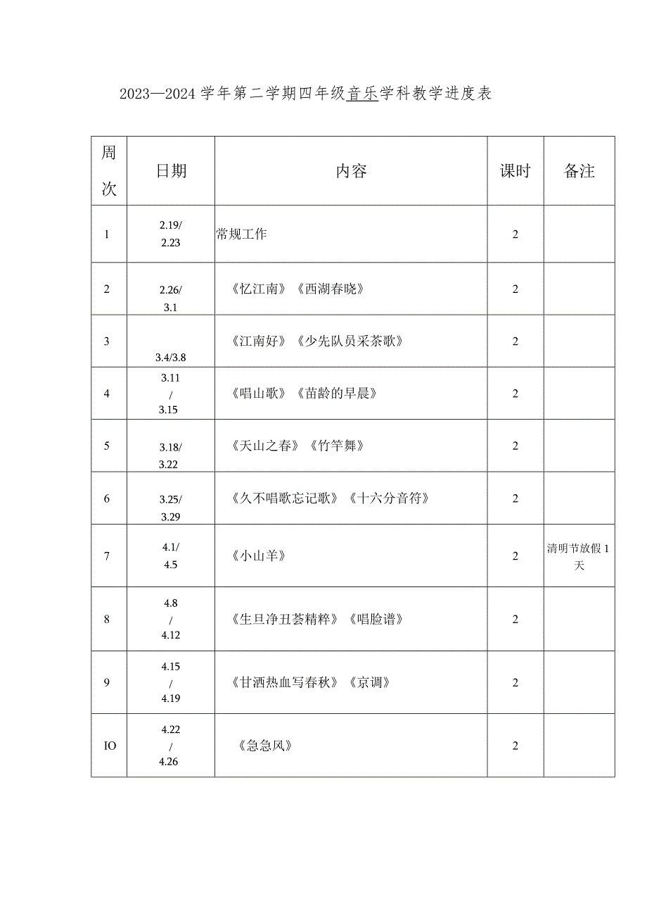 2023—2024学年第二学期四年级音乐教学进度表.docx_第1页