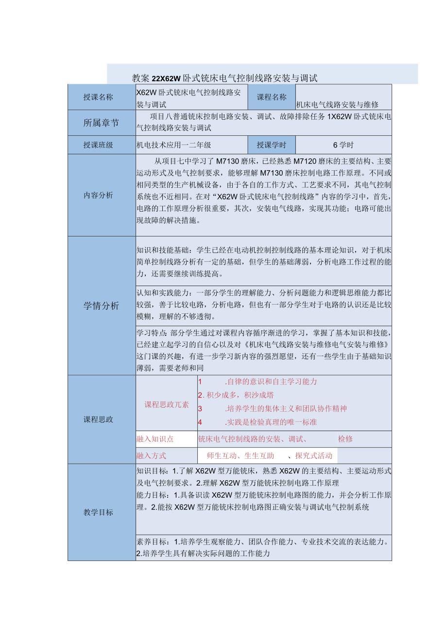 《机床电气线路安装与维修》X62W卧式铣床电气控制线路安装与调试教案.docx_第1页