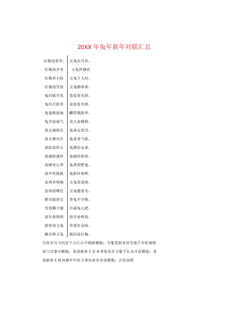 20XX年兔年新年对联汇总.docx_第1页