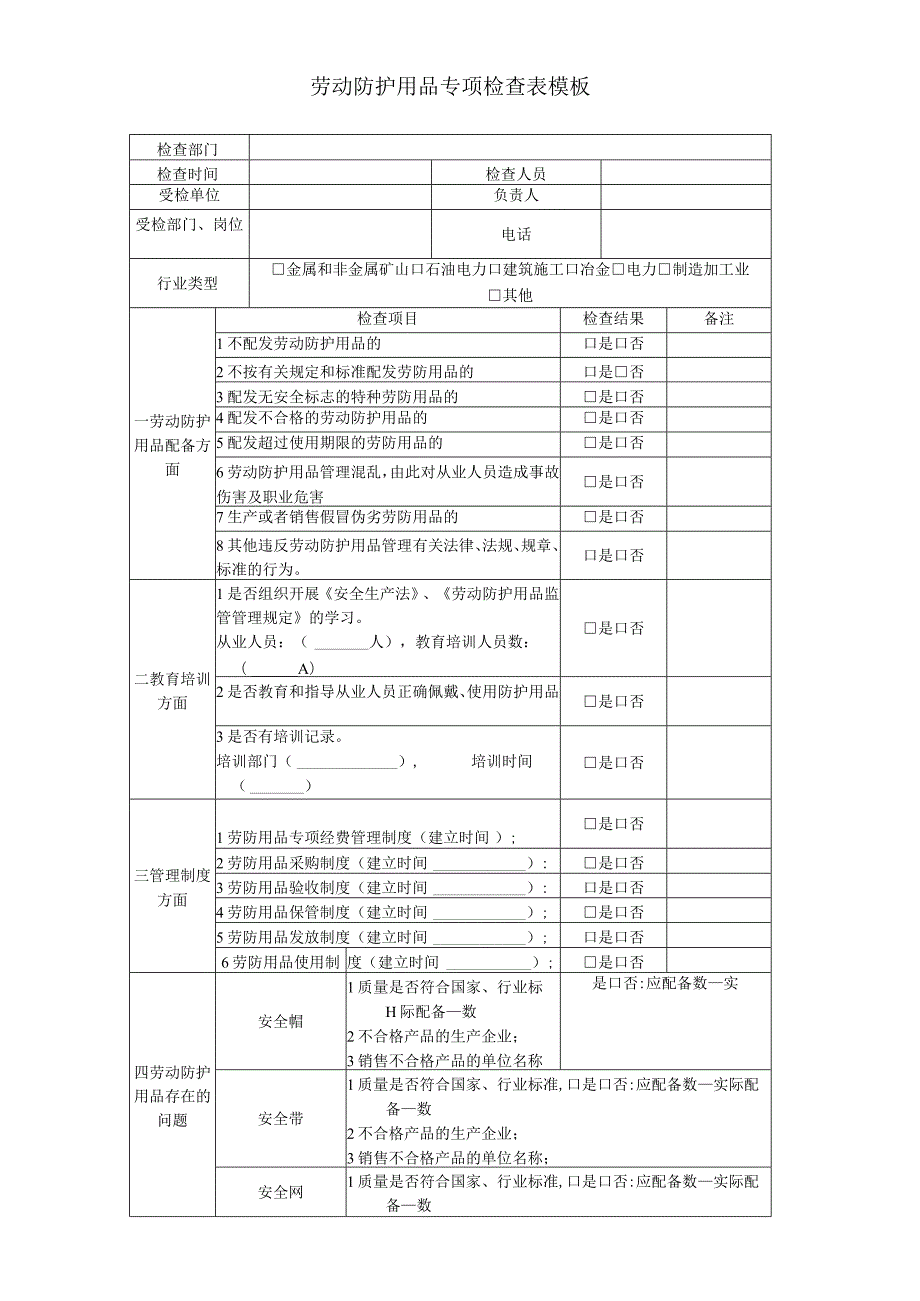 劳动防护用品专项检查表模板.docx_第1页