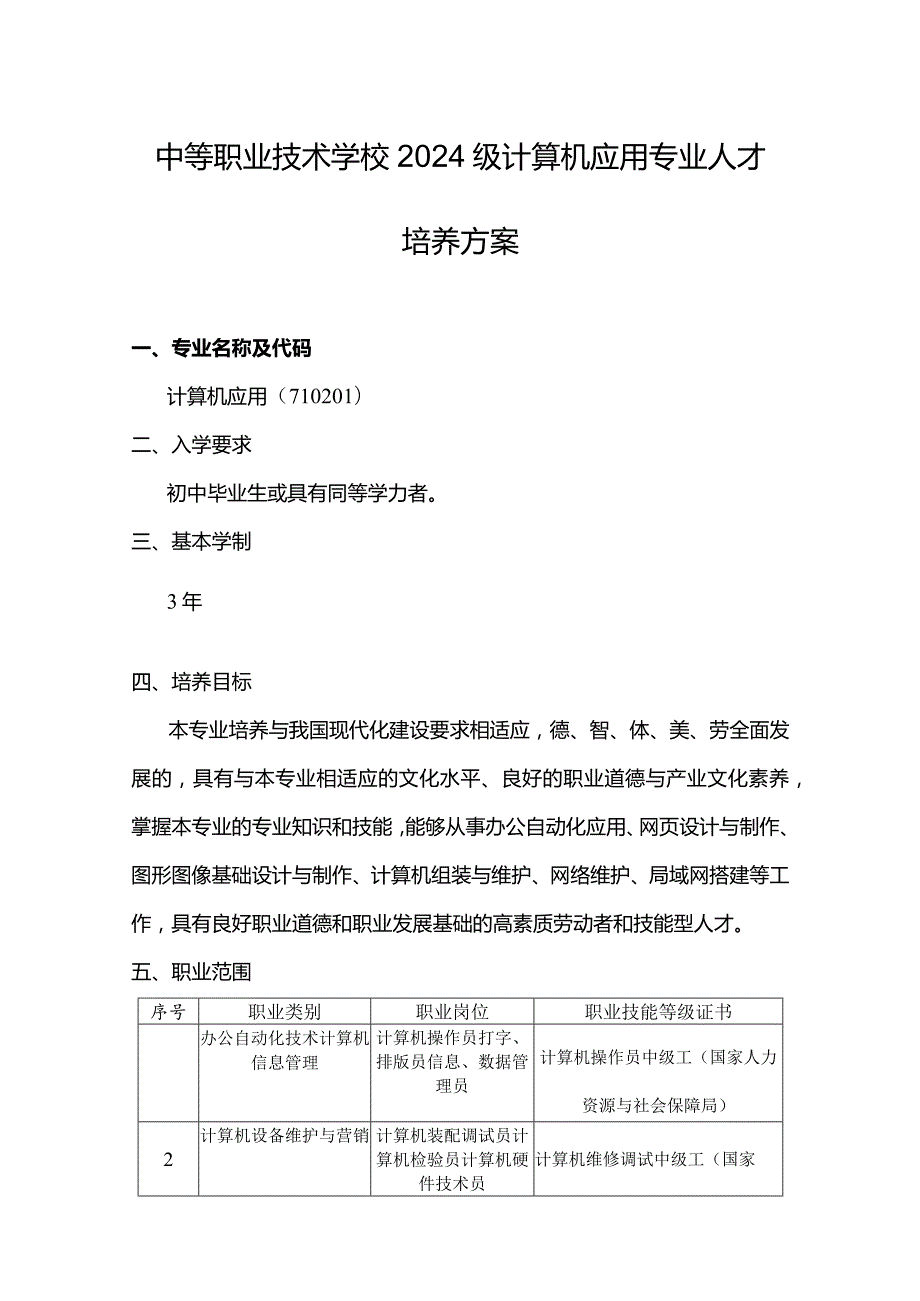 中等职业技术学校2024级计算机应用专业人才培养方案.docx_第1页