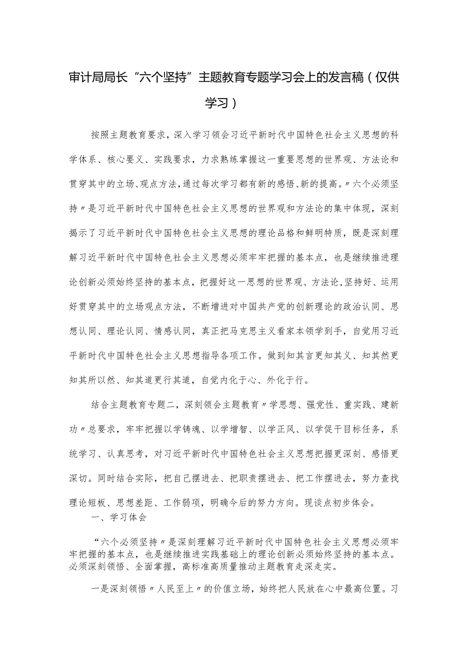 审计局局长“六个坚持”主题教育专题学习会上的发言稿.docx_第1页