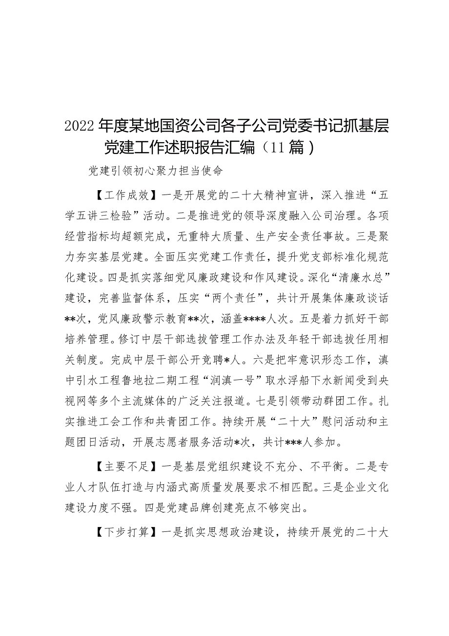 2022年度某地国资公司各子公司党委书记抓基层党建工作述职报告汇编（11篇）【职.docx_第1页