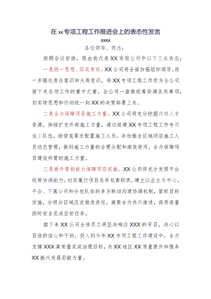 在XX专项工程工作推进会上的表态性发言.docx