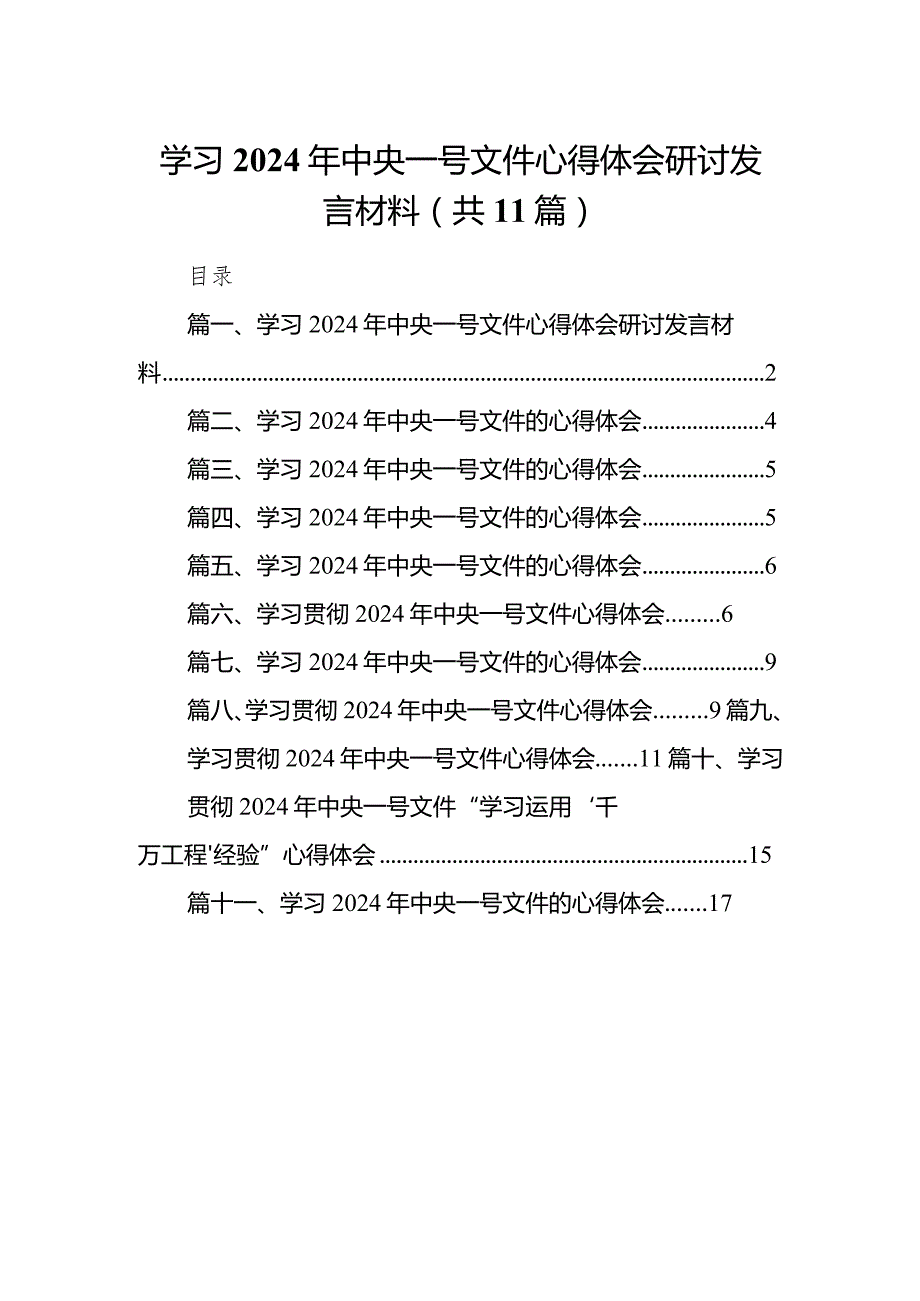 （11篇）学习2024年中央一号文件心得体会研讨发言材料范文.docx_第1页