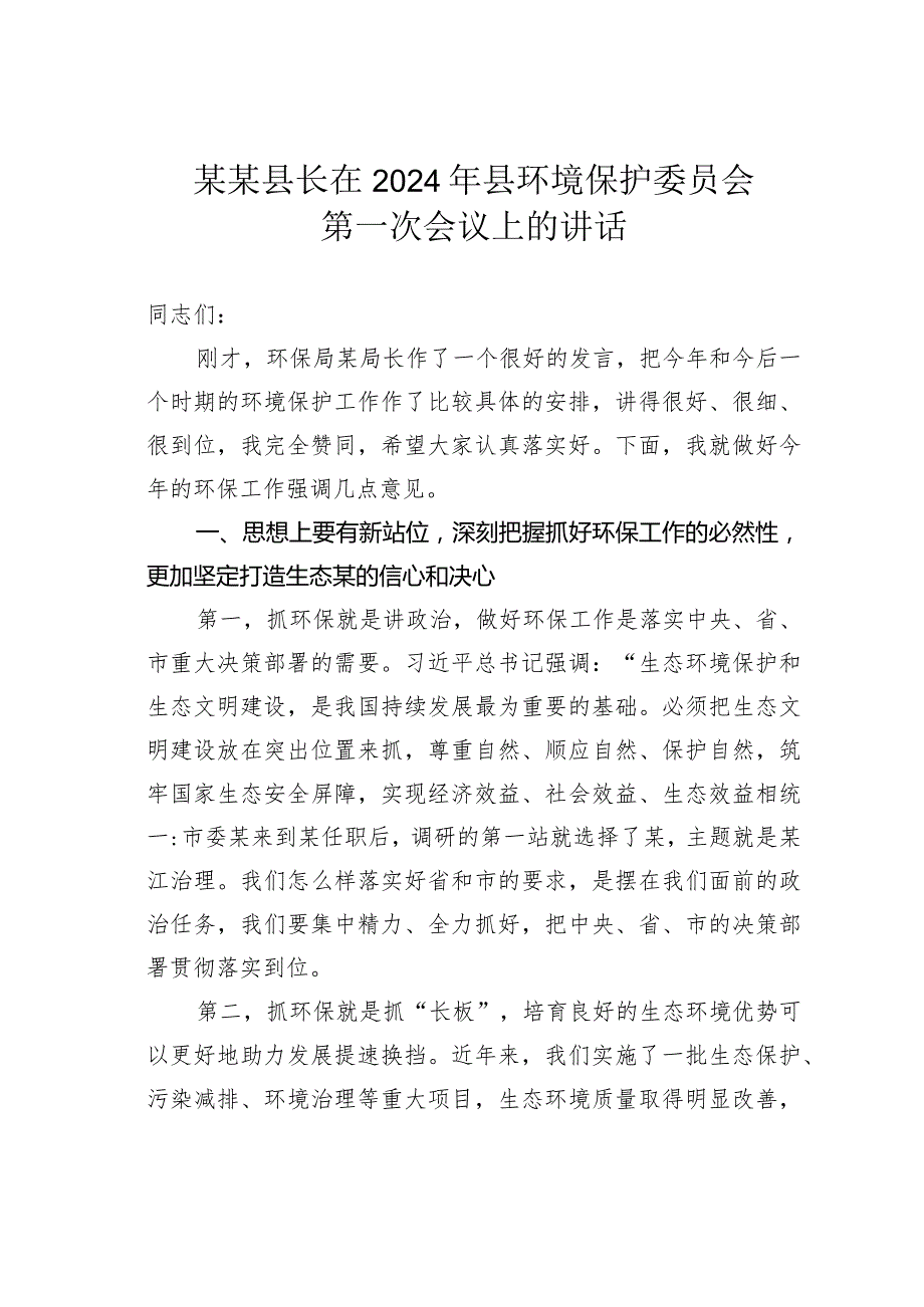 某某县长在2024年县环境保护委员会第一次会议上的讲话.docx_第1页