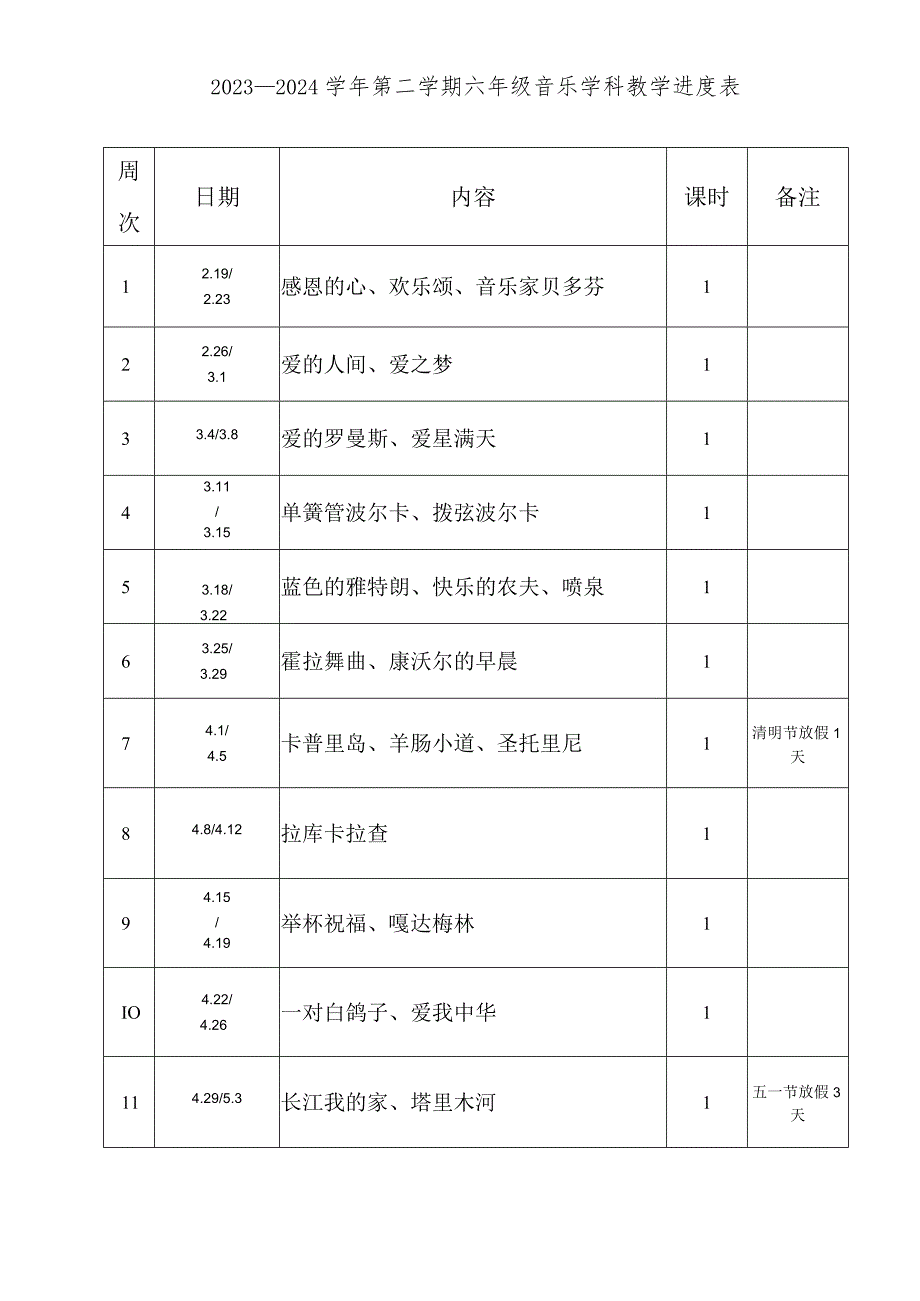 2023—2024学年第二学期六年级音乐教学进度表.docx_第1页