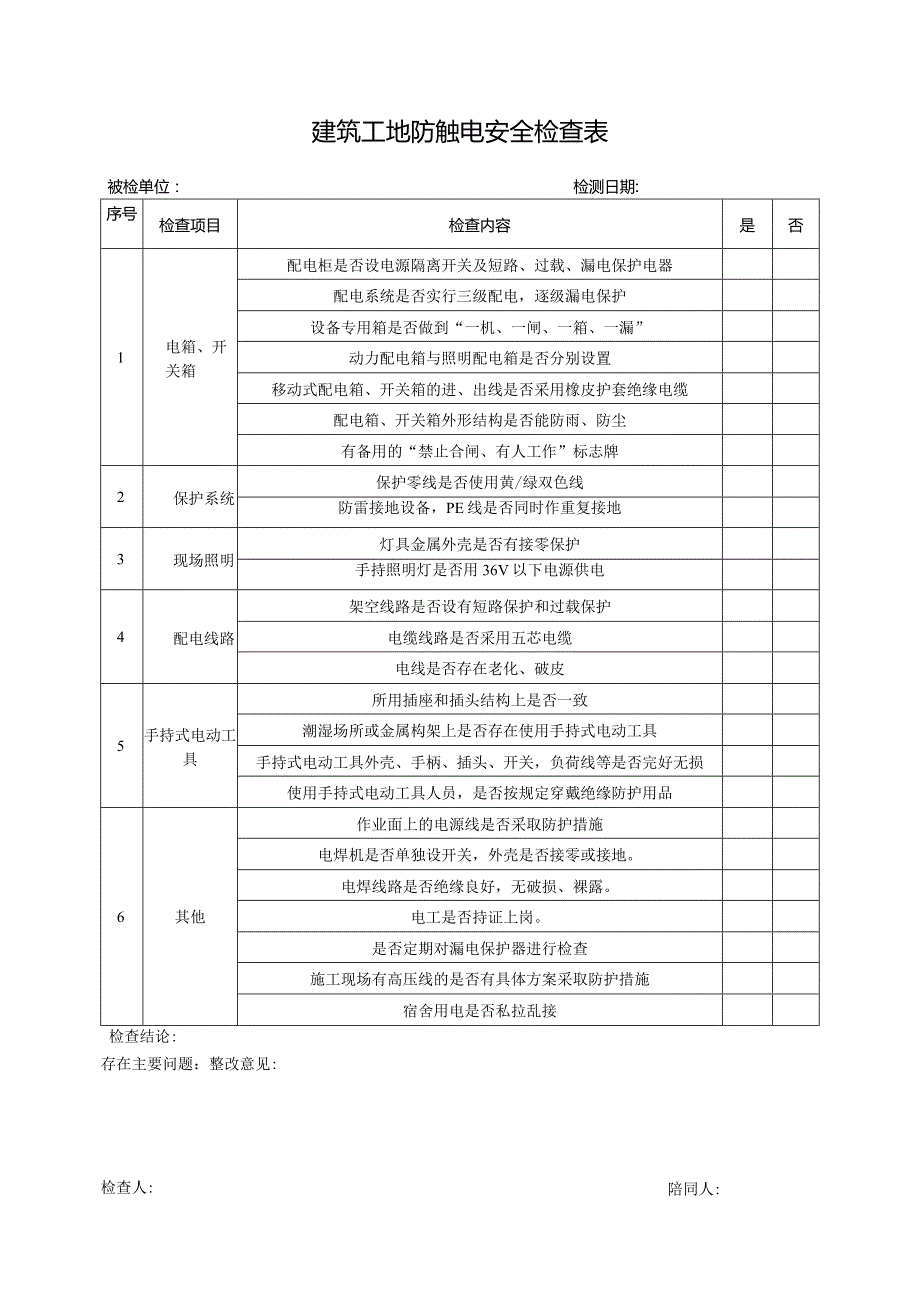 建筑工地防触电安全检查表.docx_第1页