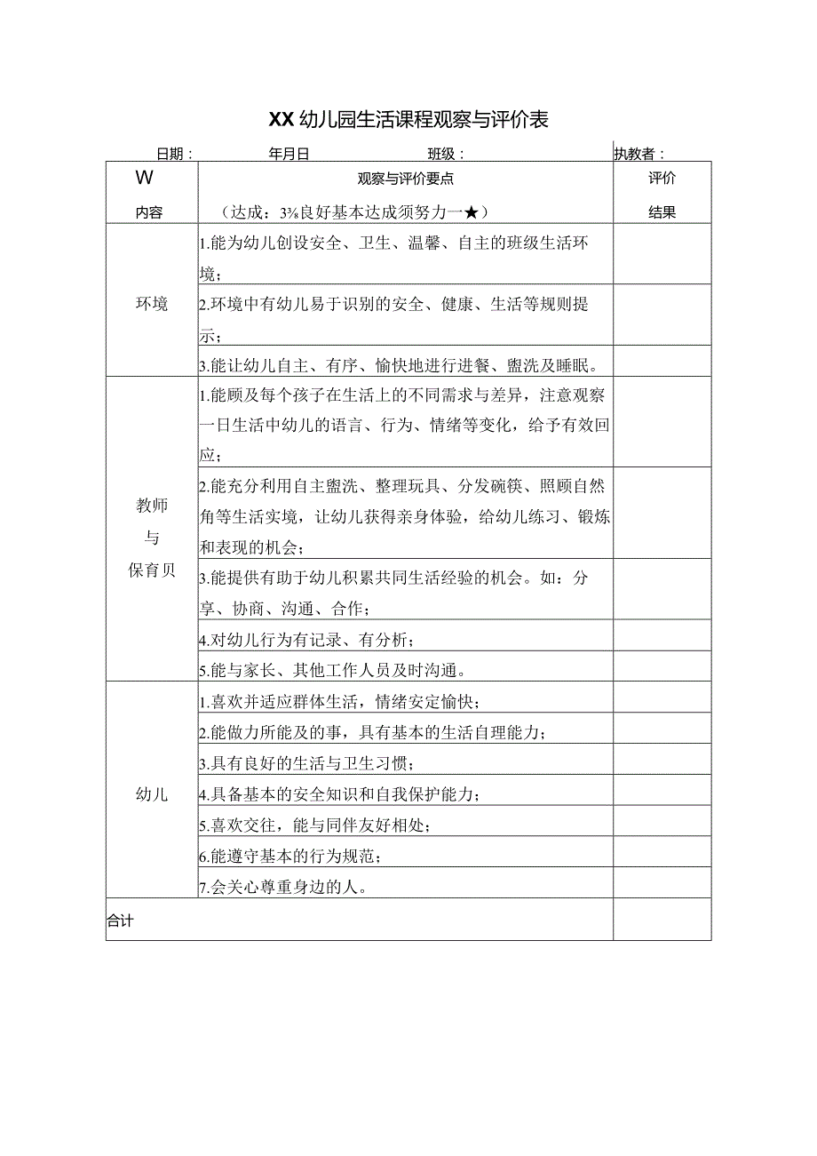 幼儿园生活课程观察与评价表.docx_第1页