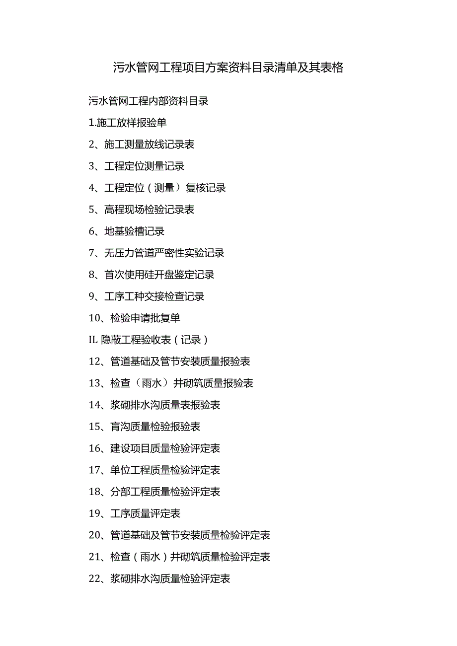 污水管网工程项目方案资料目录清单及其表格.docx_第1页