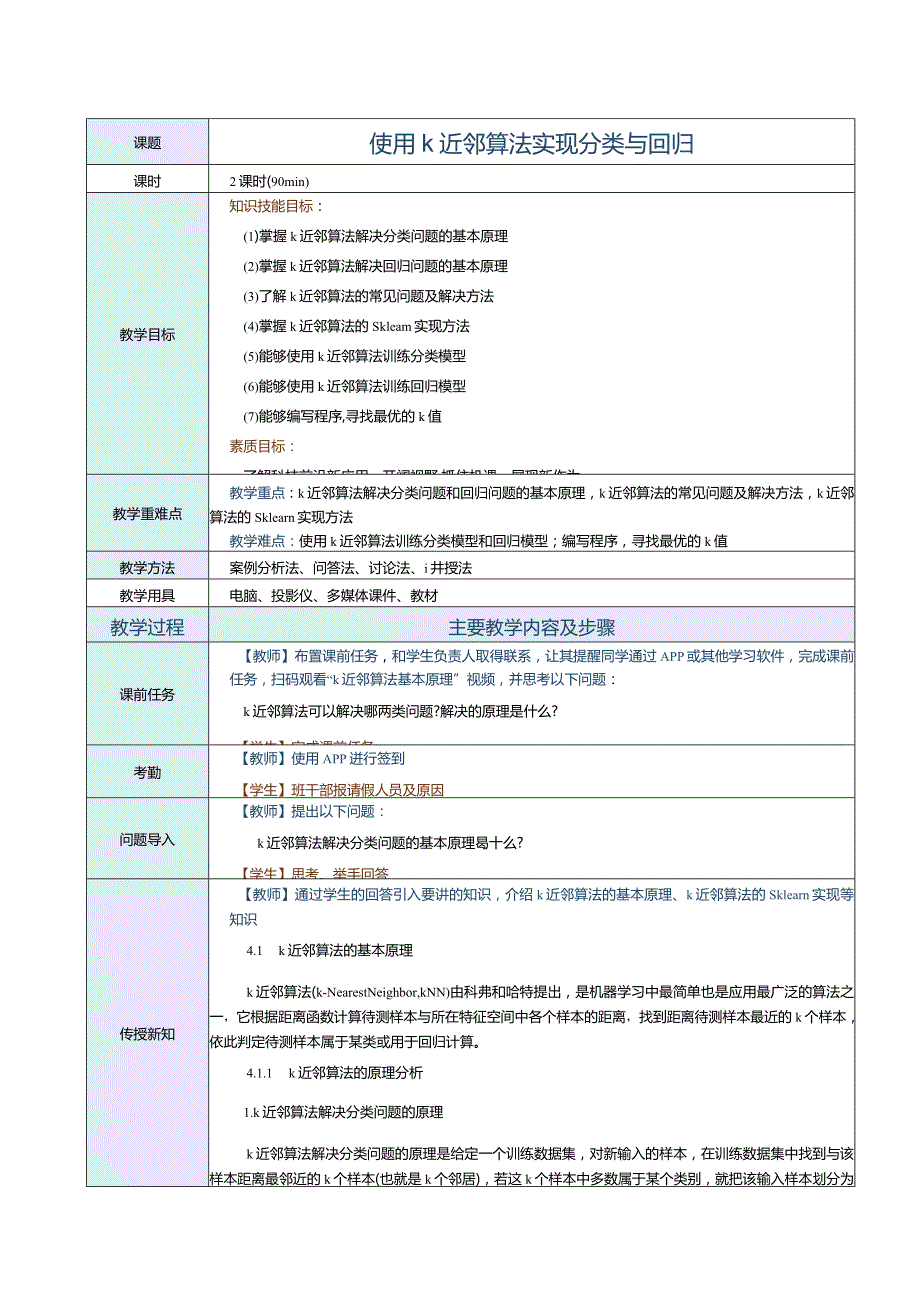 《机器学习基础及应用》教案第6课使用k近邻算法实现分类与回归.docx_第1页