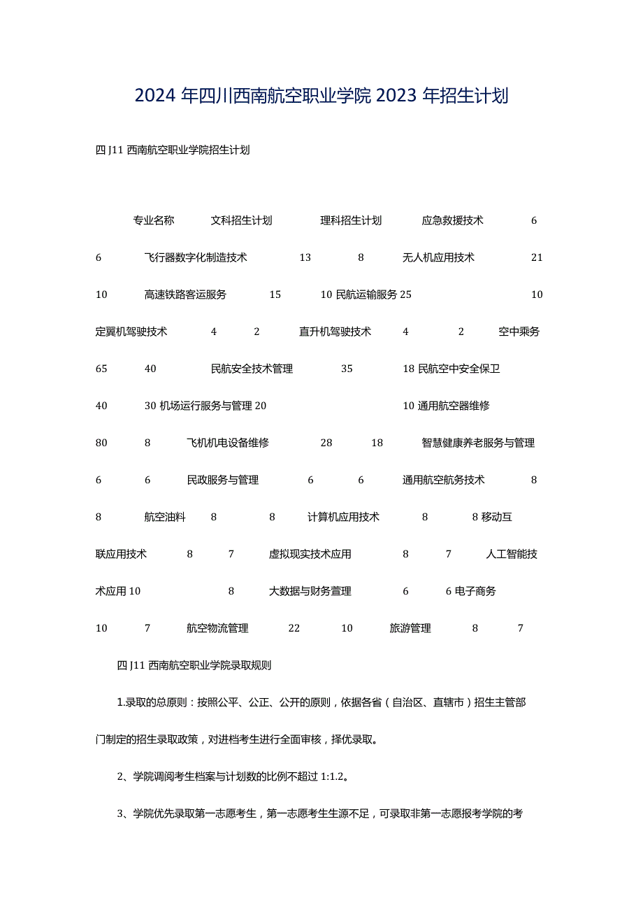 2024年四川西南航空职业学院2023年招生计划.docx_第1页