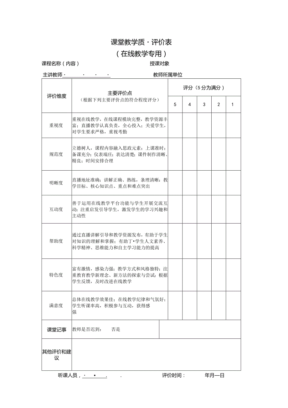 课堂教学质量评价表（在线教学专用）.docx_第1页