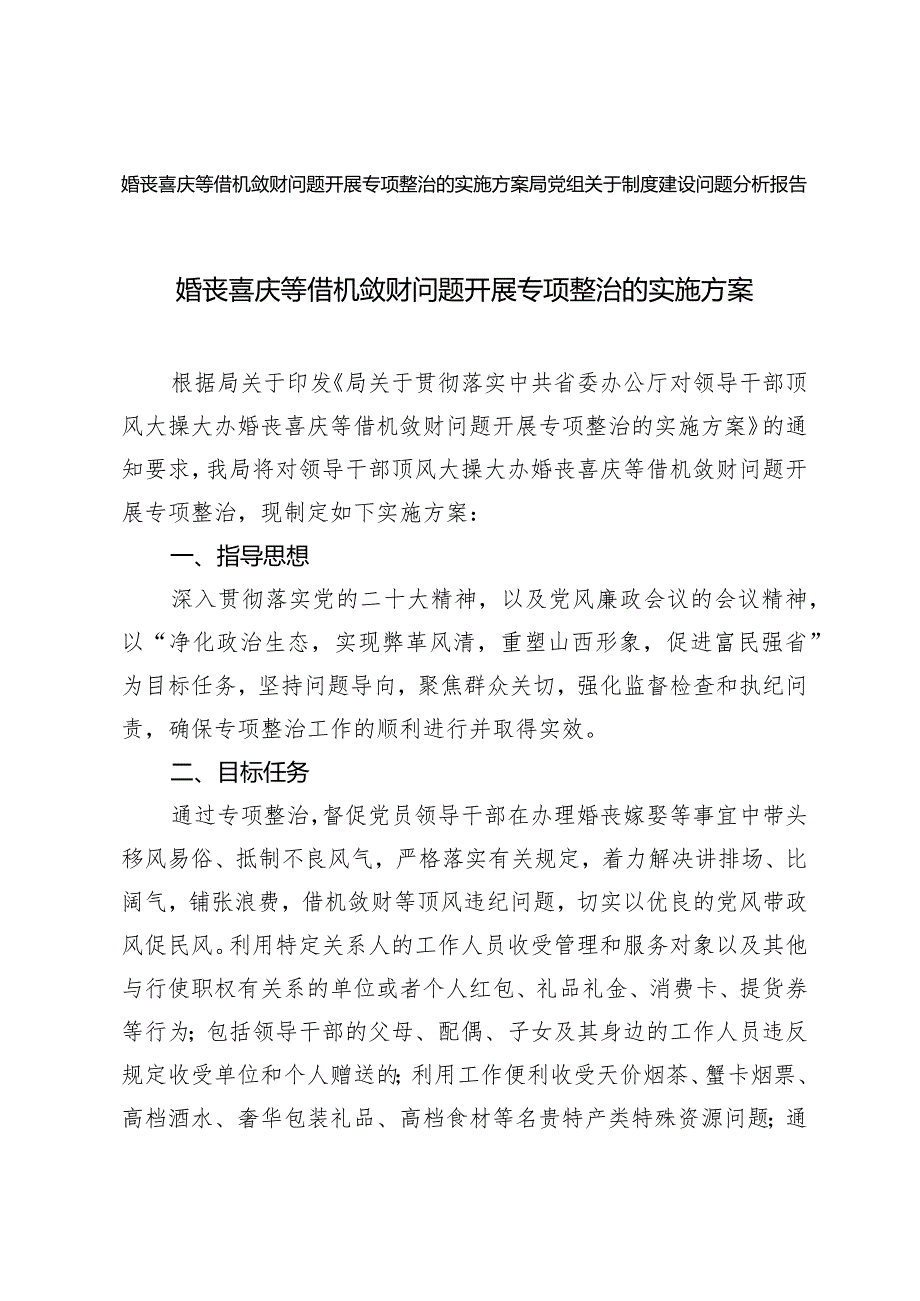 2篇2024年婚丧喜庆等借机敛财问题开展专项整治的实施方案（附局党组关于制度建设问题分析报告）.docx_第1页