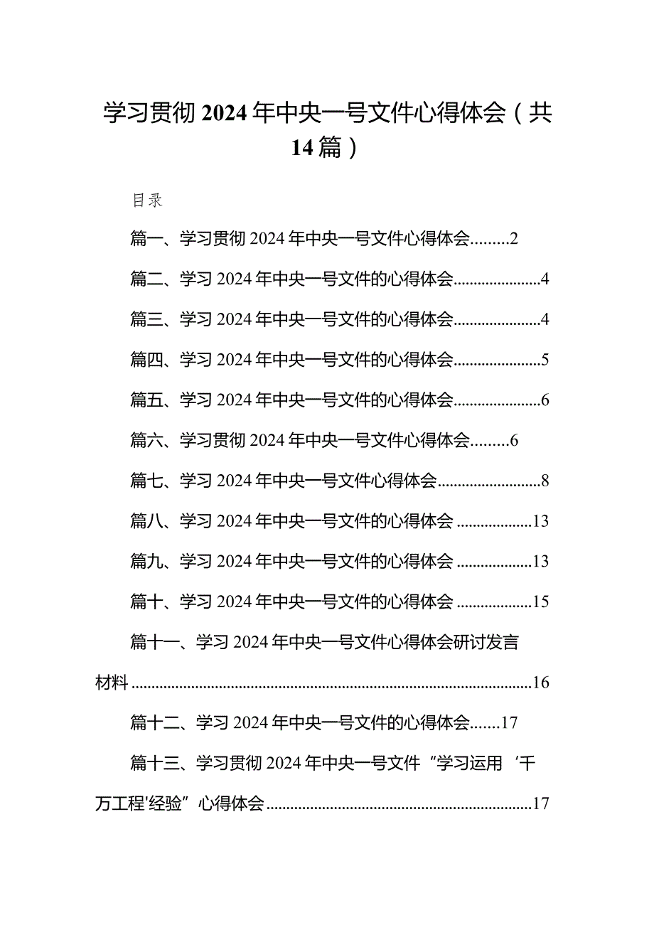 学习贯彻2024年中央一号文件心得体会范文14篇（详细版）.docx_第1页