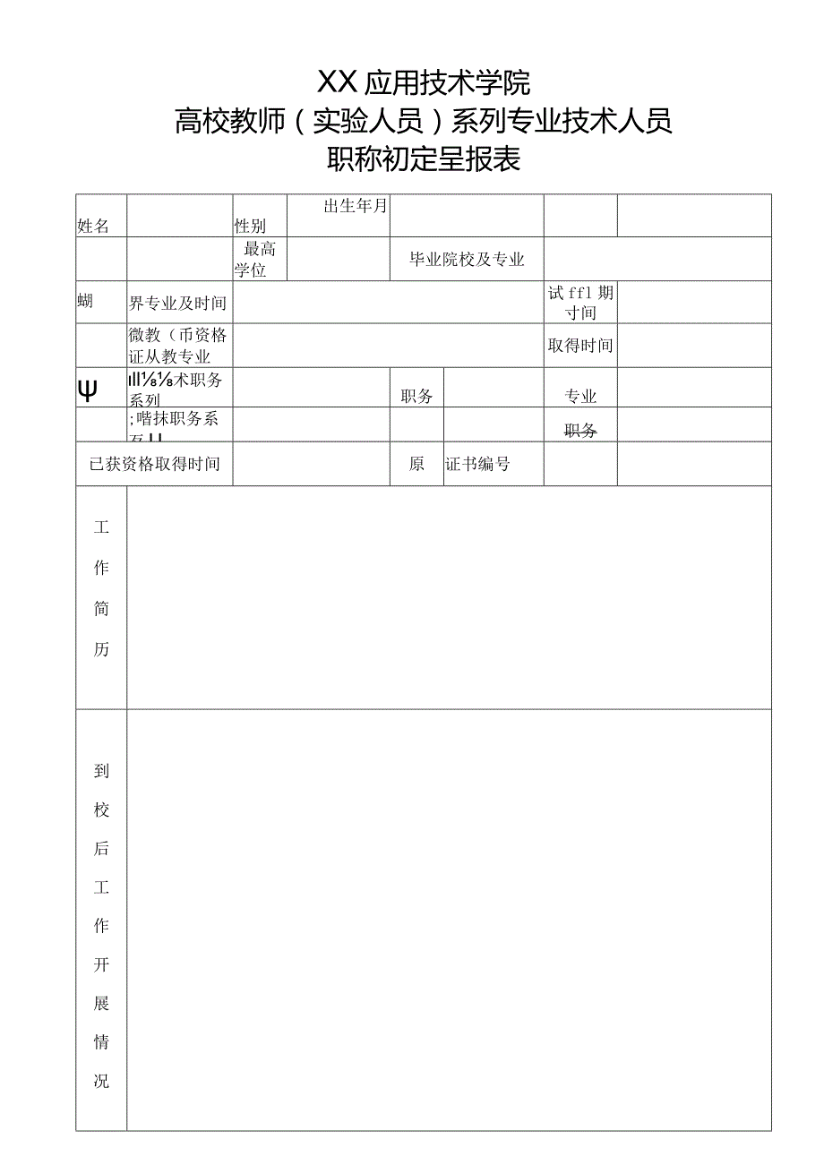 XX应用技术学院高校教师（实验人员）系列专业技术人员职称初定呈报表（2024年）.docx_第1页