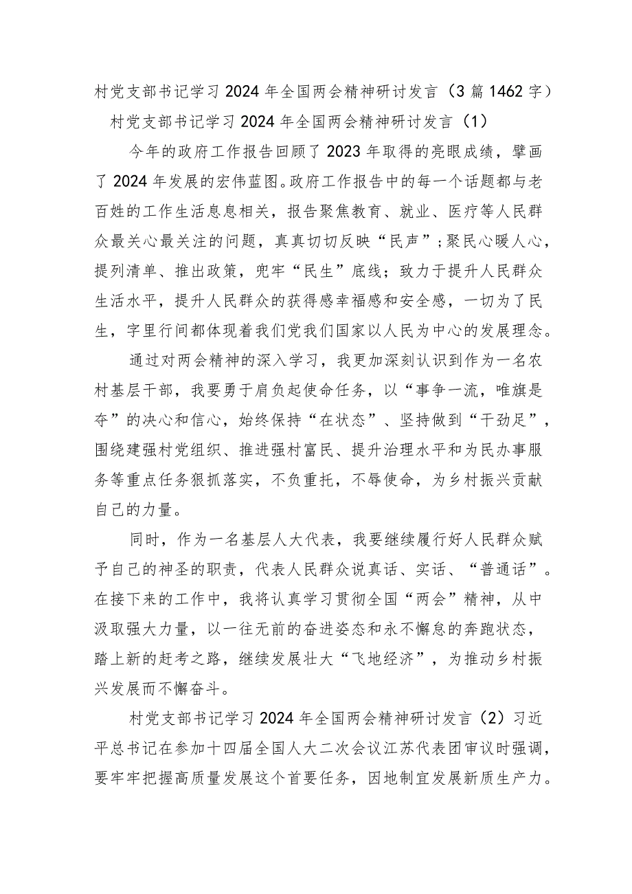 村党支部书记学习2024年全国两会精神研讨发言3篇.docx_第1页