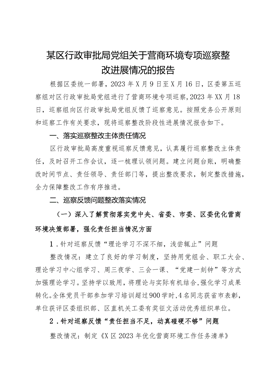 某区行政审批局党组关于营商环境专项巡察整改进展情况的报告.docx_第1页