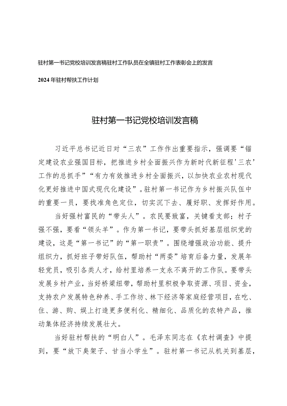 （3篇）驻村第一书记党校培训发言稿驻村工作表彰会上的发言驻村帮扶工作计划.docx_第1页