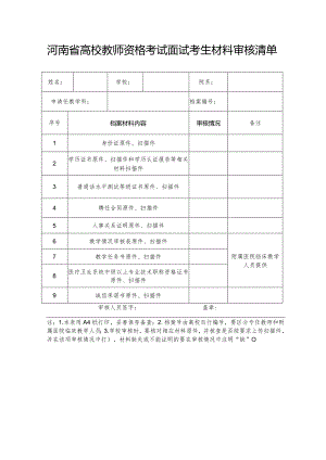 河南省高校教师资格考试面试考生材料审核清单（2022年）.docx