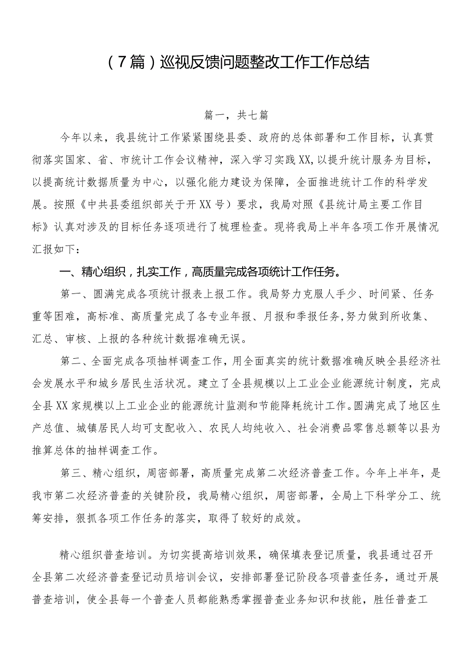 （7篇）巡视反馈问题整改工作工作总结.docx_第1页