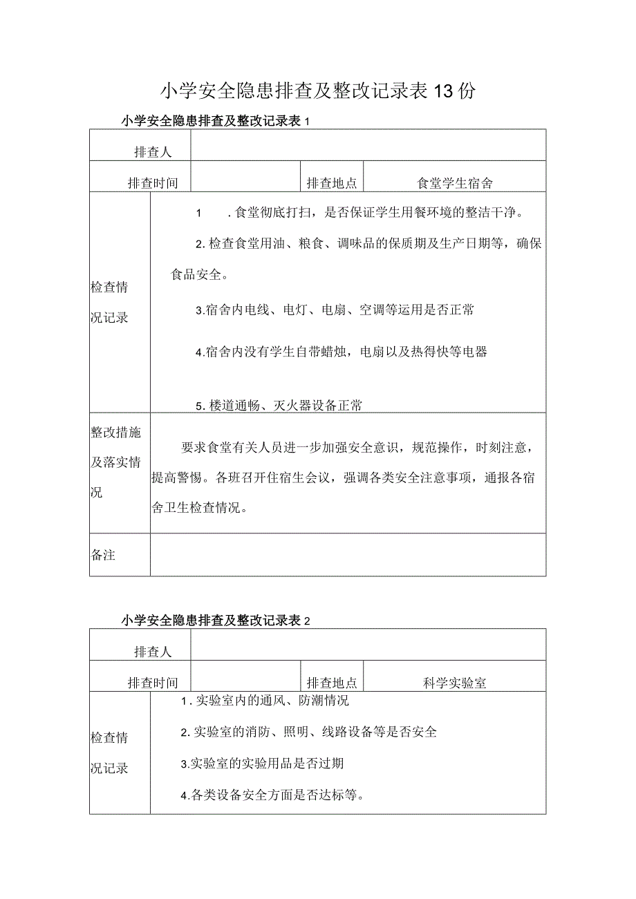 小学安全隐患排查及整改记录表13份.docx_第1页