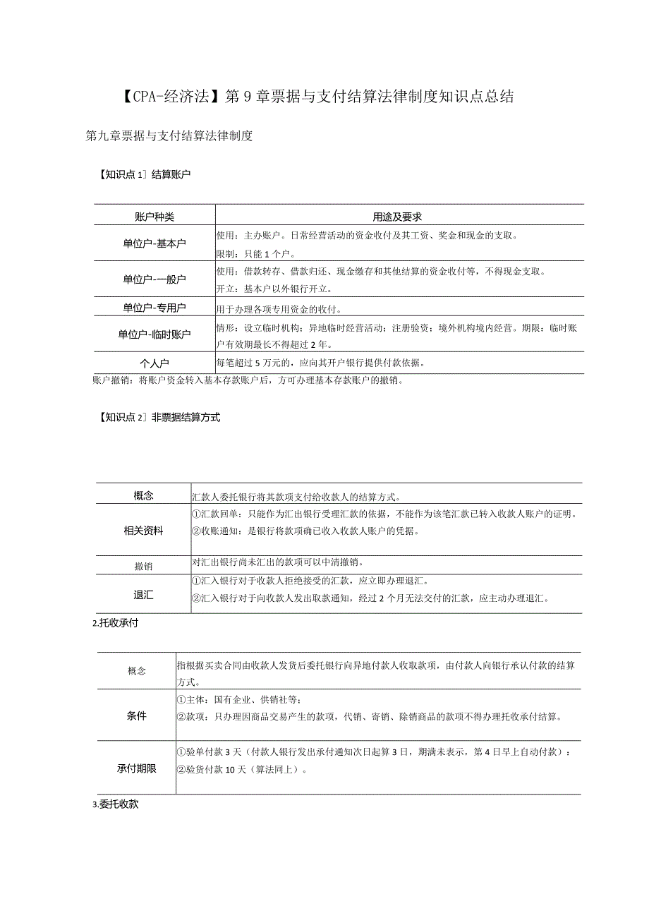 【CPA-经济法】第9章票据与支付结算法律制度知识点总结.docx_第1页