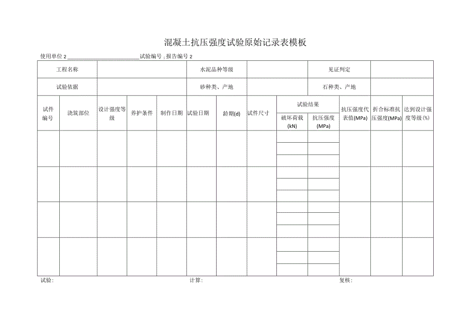 混凝土抗压强度试验原始记录表模板.docx_第1页