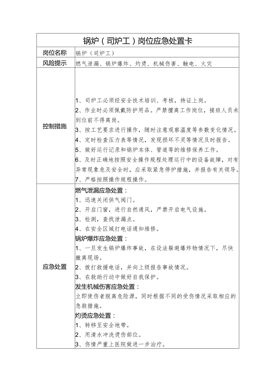 锅炉（司炉工）岗位应急处置卡.docx_第1页