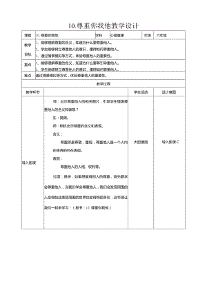 10-尊重你我他教学设计现代教育出版社心理健康六年级全一册.docx