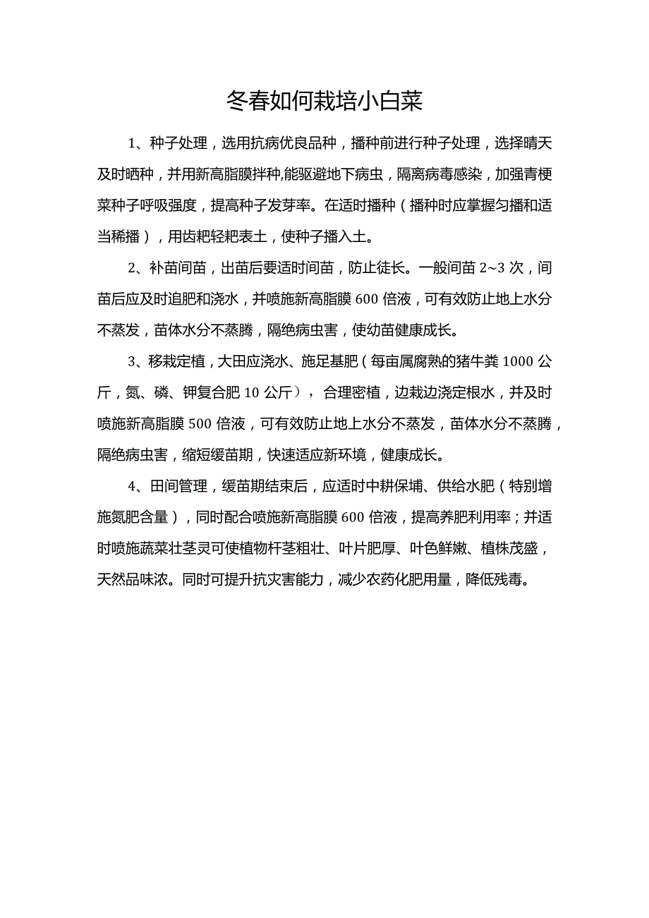 冬春如何栽培小白菜.docx_第1页