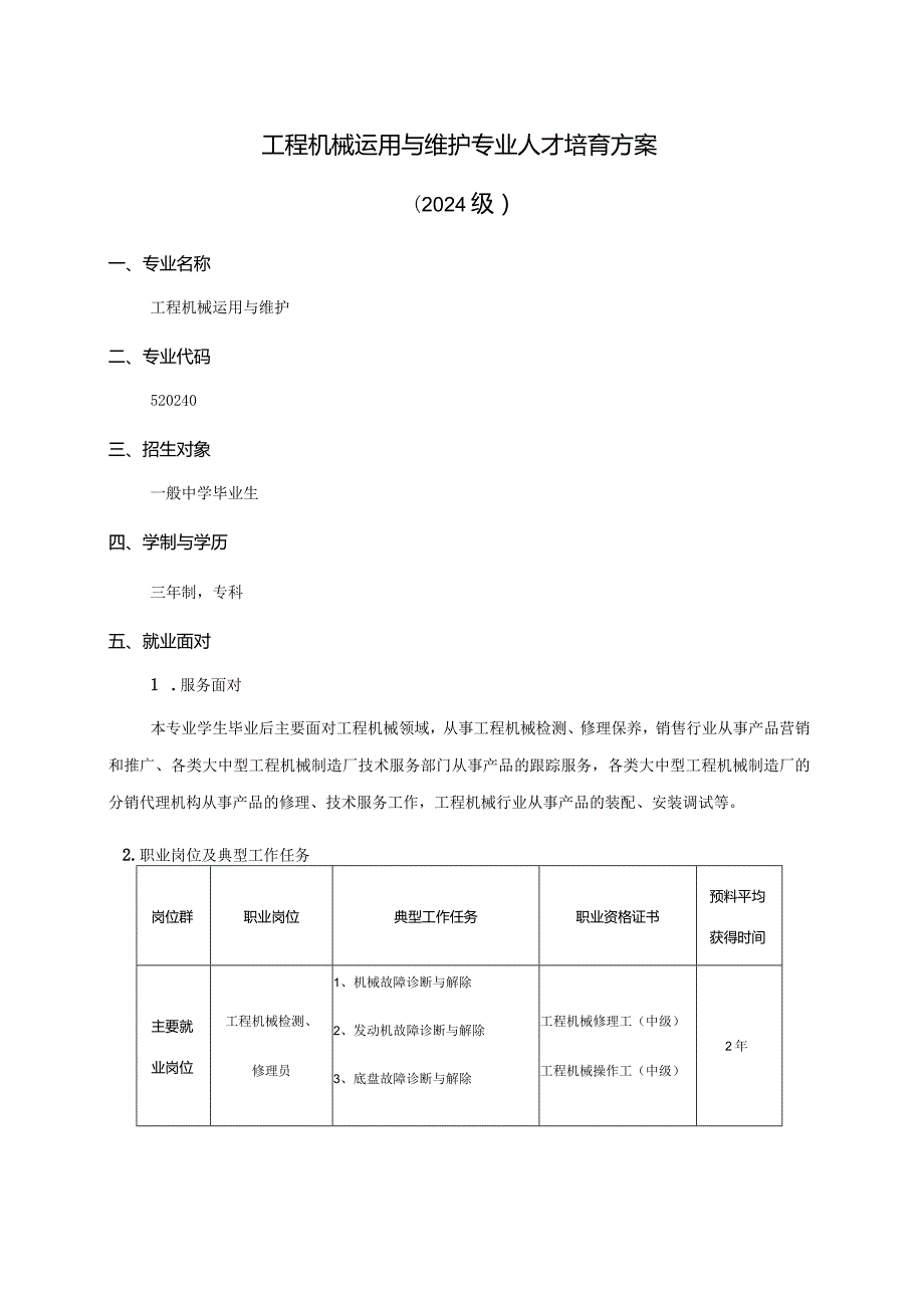 2024级人才培养方案-工程机械运用与维护.docx_第1页