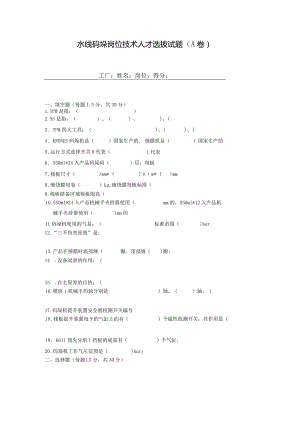 水线码垛岗位技术人才选拔试题（A卷）及答案.docx