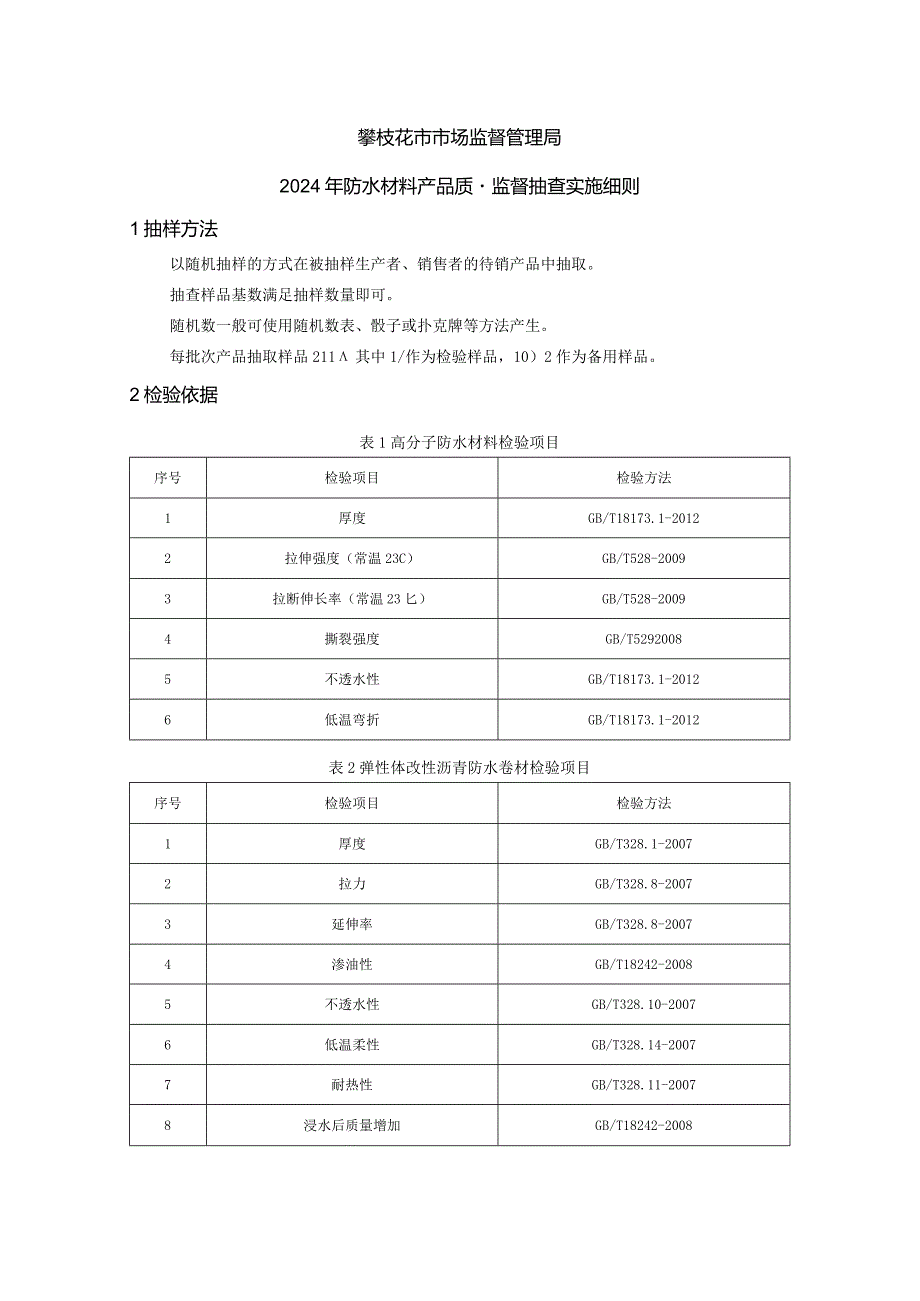 6攀枝花市市场监督管理局2024年防水材料产品质量监督抽查实施细则.docx_第1页