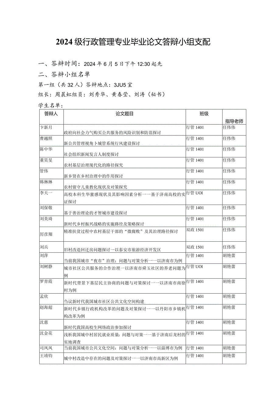 2024届行政管理专业毕业论文答辩小组安排.docx_第1页