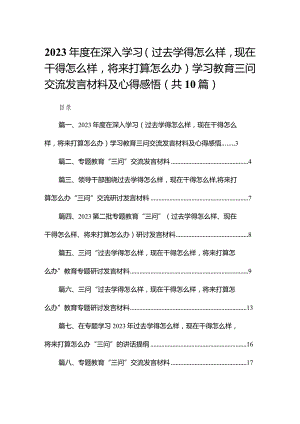 2023年度在深入学习（过去学得怎么样现在干得怎么样将来打算怎么办）学习教育三问交流发言材料及心得感悟（共10篇）.docx