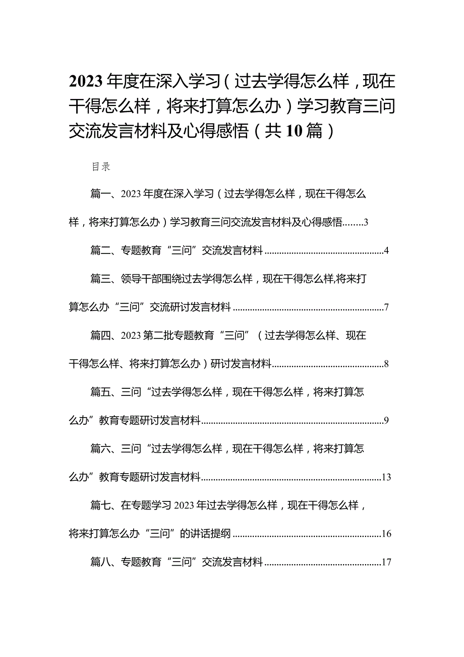 2023年度在深入学习（过去学得怎么样现在干得怎么样将来打算怎么办）学习教育三问交流发言材料及心得感悟（共10篇）.docx_第1页