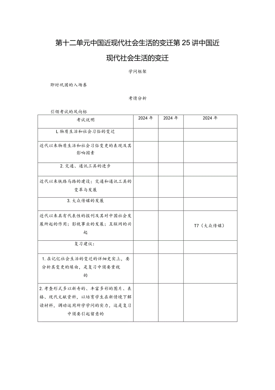 2024届一轮复习人教版（江苏专用）：第25讲中国近现代社会生活的变迁（学案）.docx_第1页