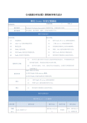 《大数据分析处理》教案-单元设计单元2-numpy科学计算基础.docx