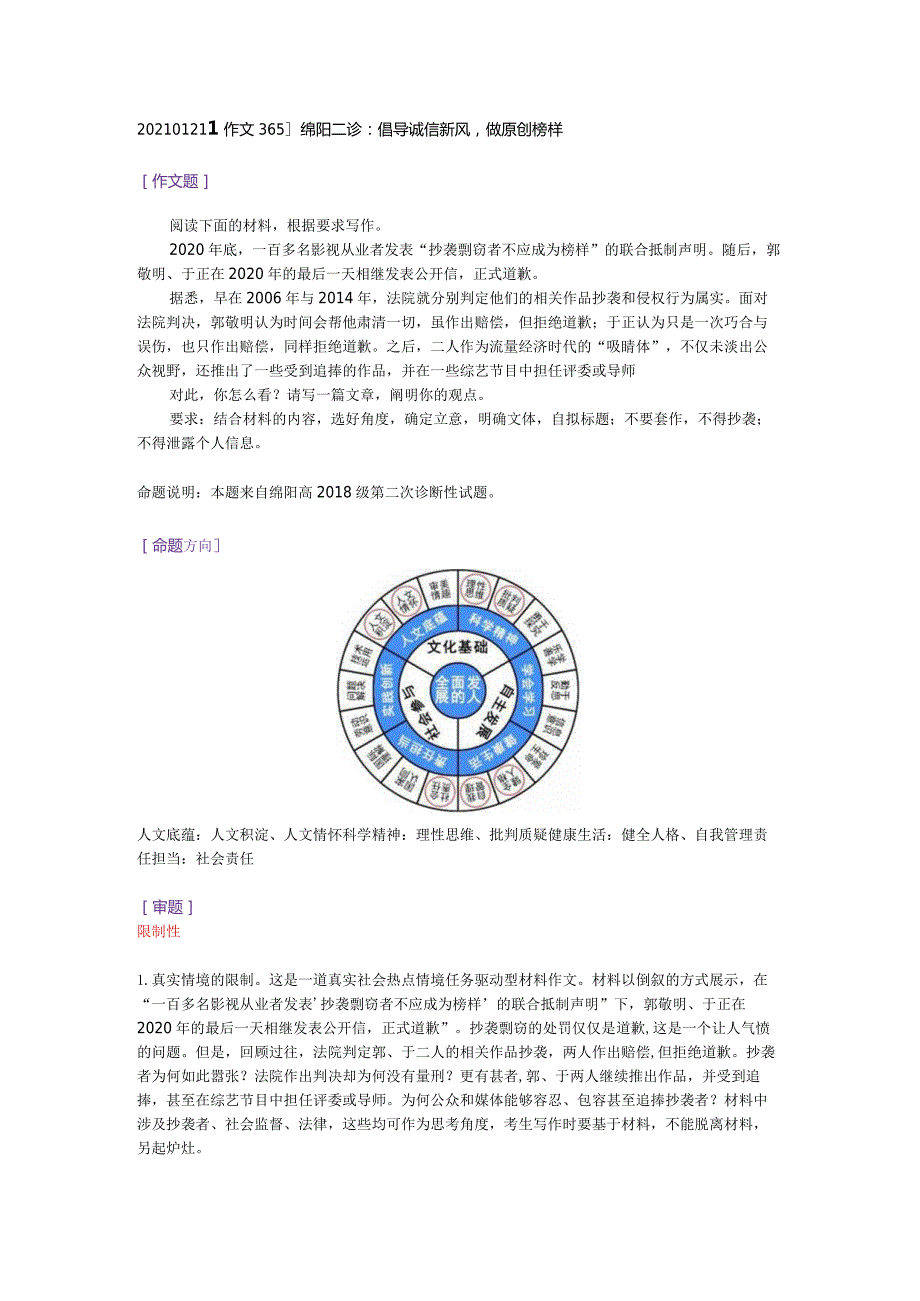 20210121【作文365】绵阳二诊：倡导诚信新风做原创榜样.docx_第1页