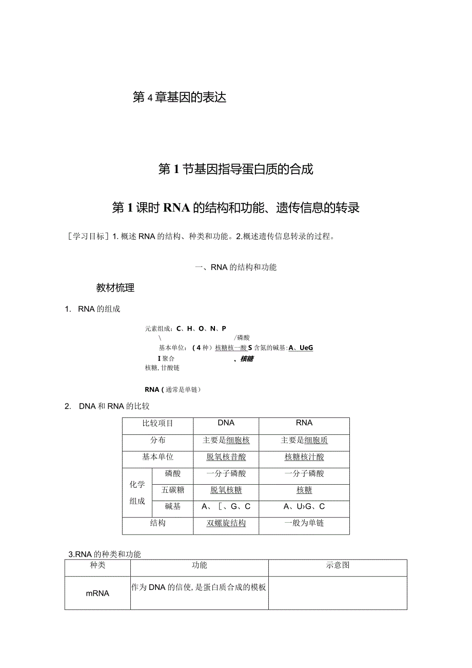 2023-2024学年人教版必修二RNA的结构和功能、遗传信息的转录学案.docx_第1页