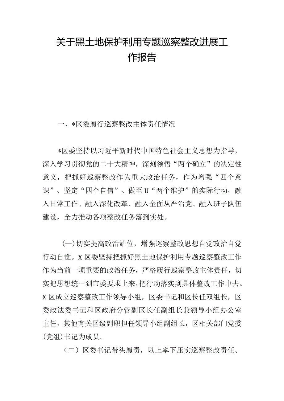 关于黑土地保护利用专题巡察整改进展工作报告.docx_第1页